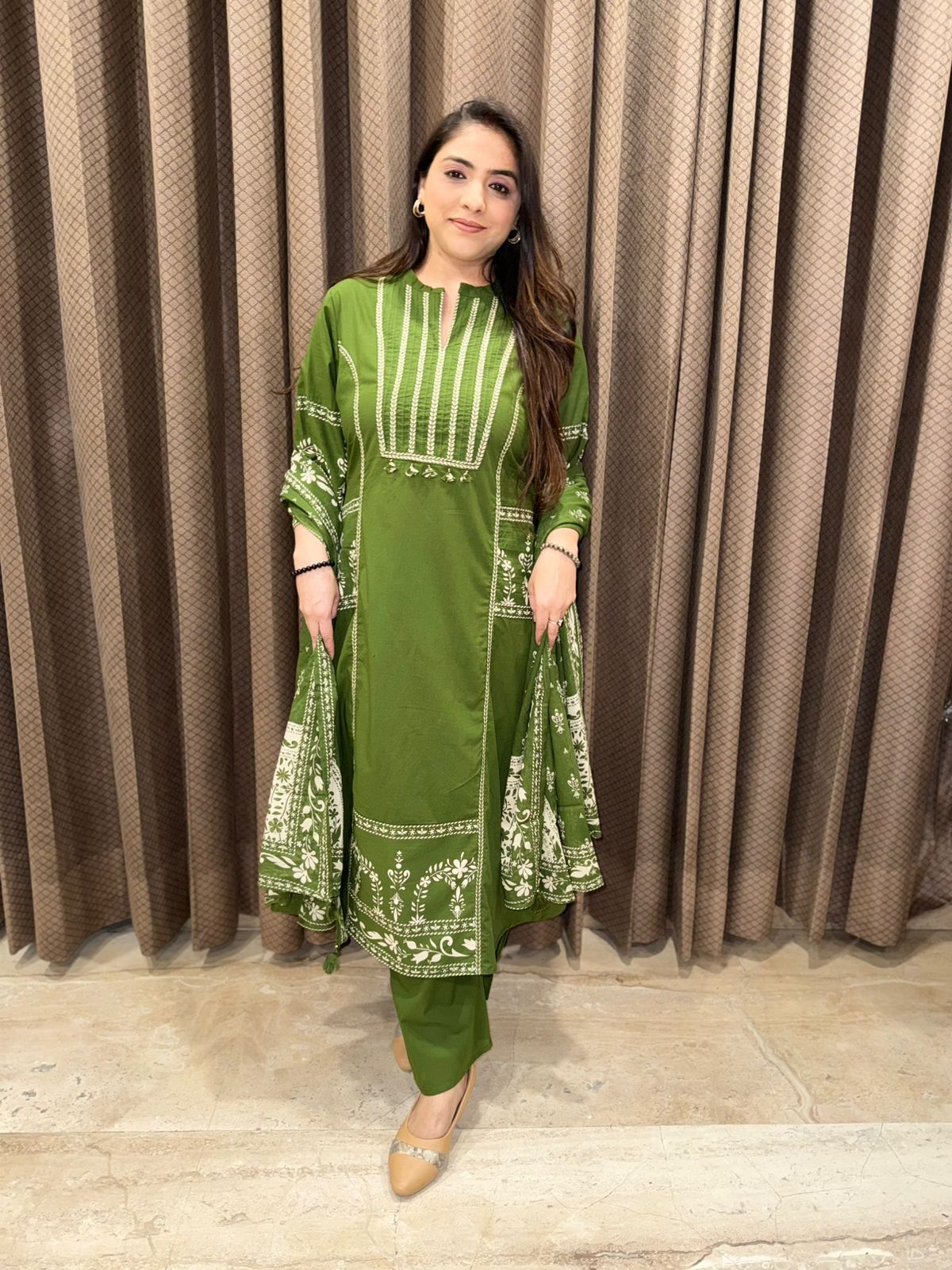 Bottle Green A Line smart Cotton Suit set with dupatta