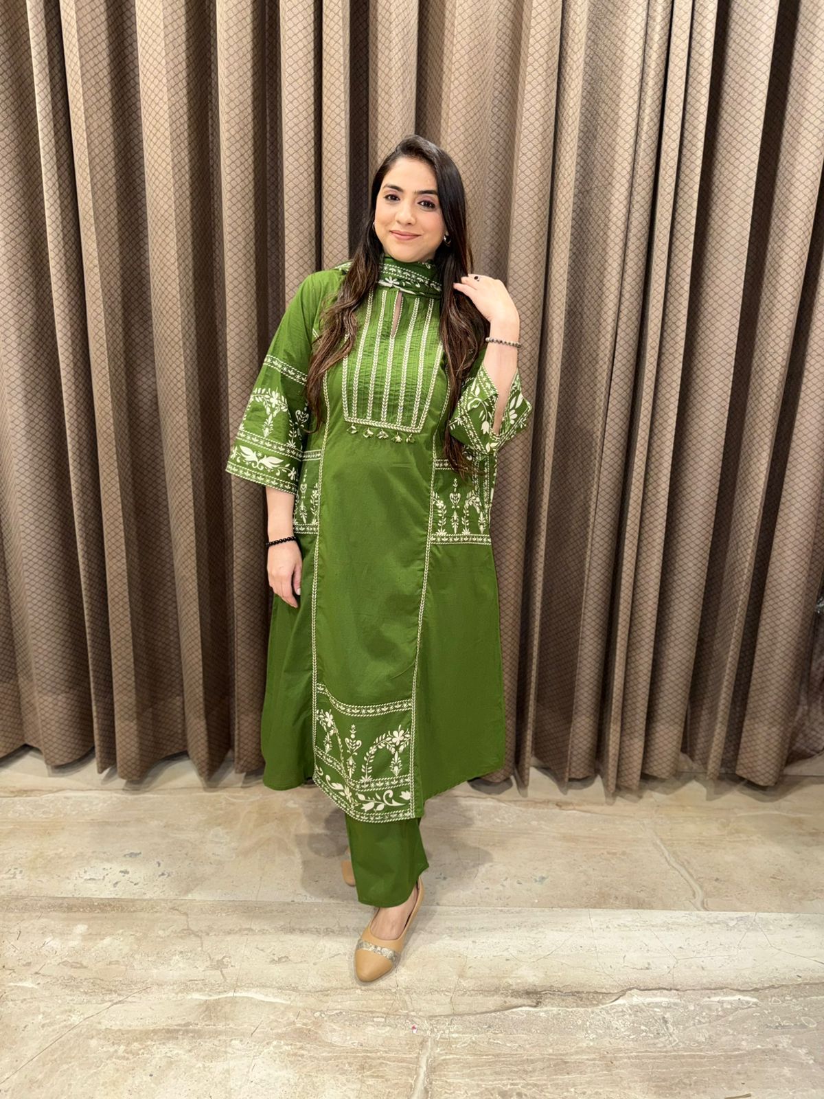 Bottle Green A Line smart Cotton Suit set with dupatta