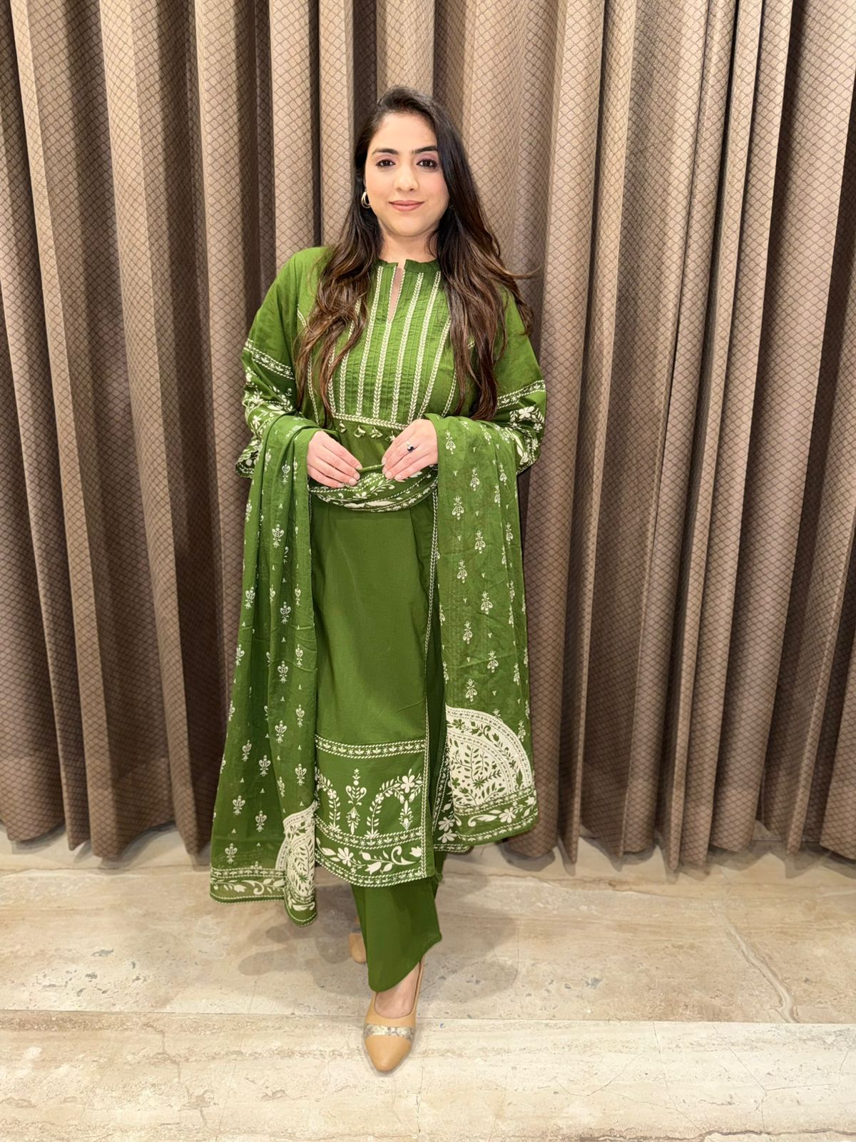 Bottle Green A Line smart Cotton Suit set with dupatta