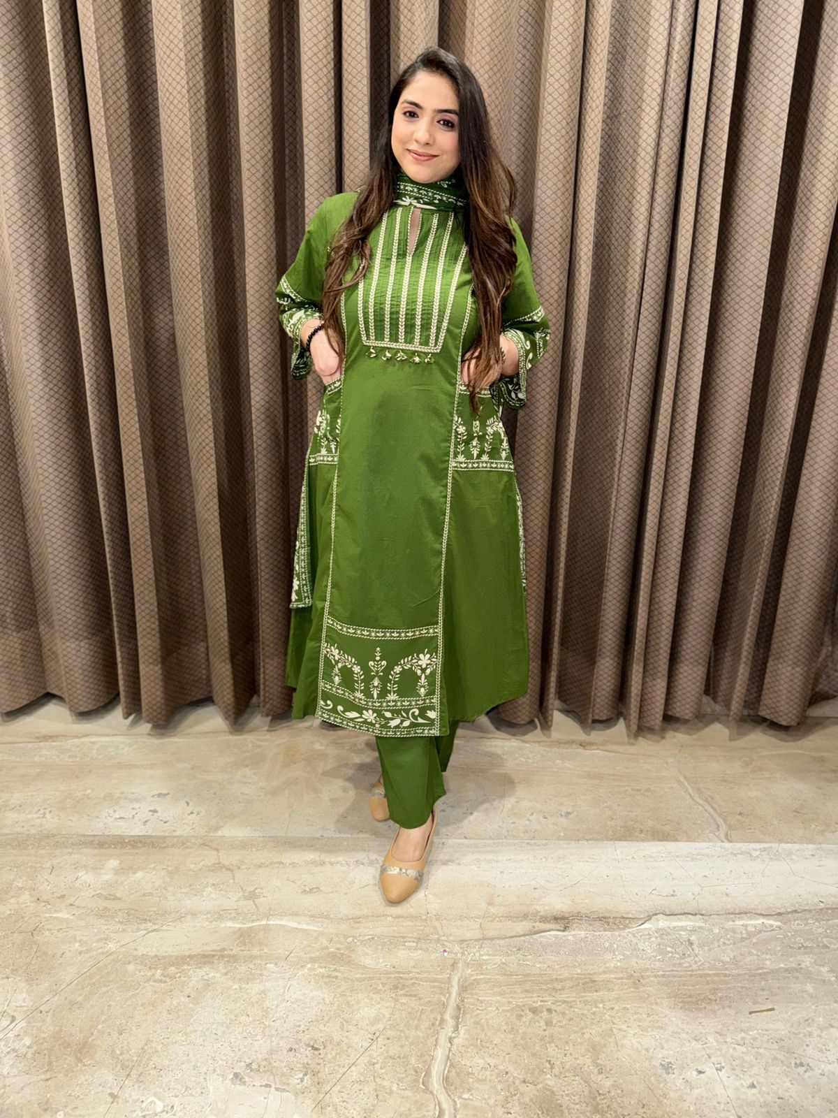 Bottle Green A Line smart Cotton Suit set with dupatta