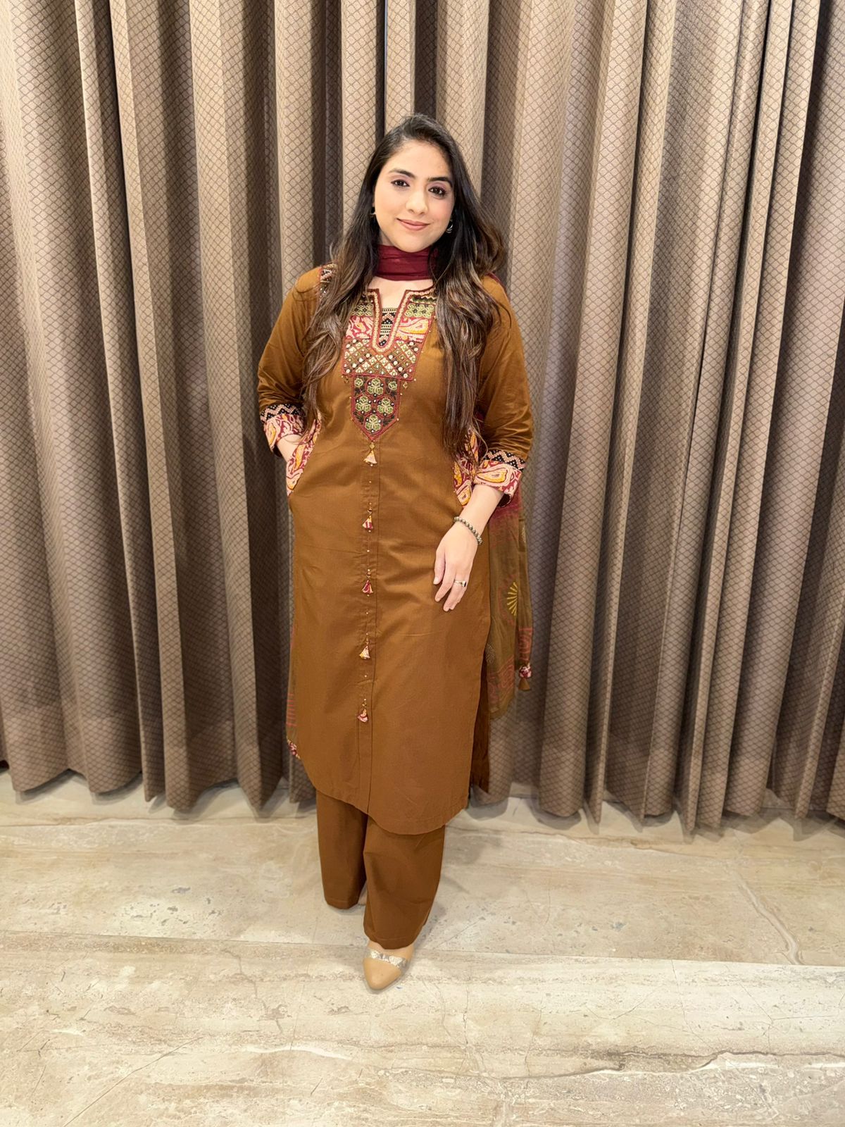 Brown thread embroidered Cottoj suit set with ombre dupatta