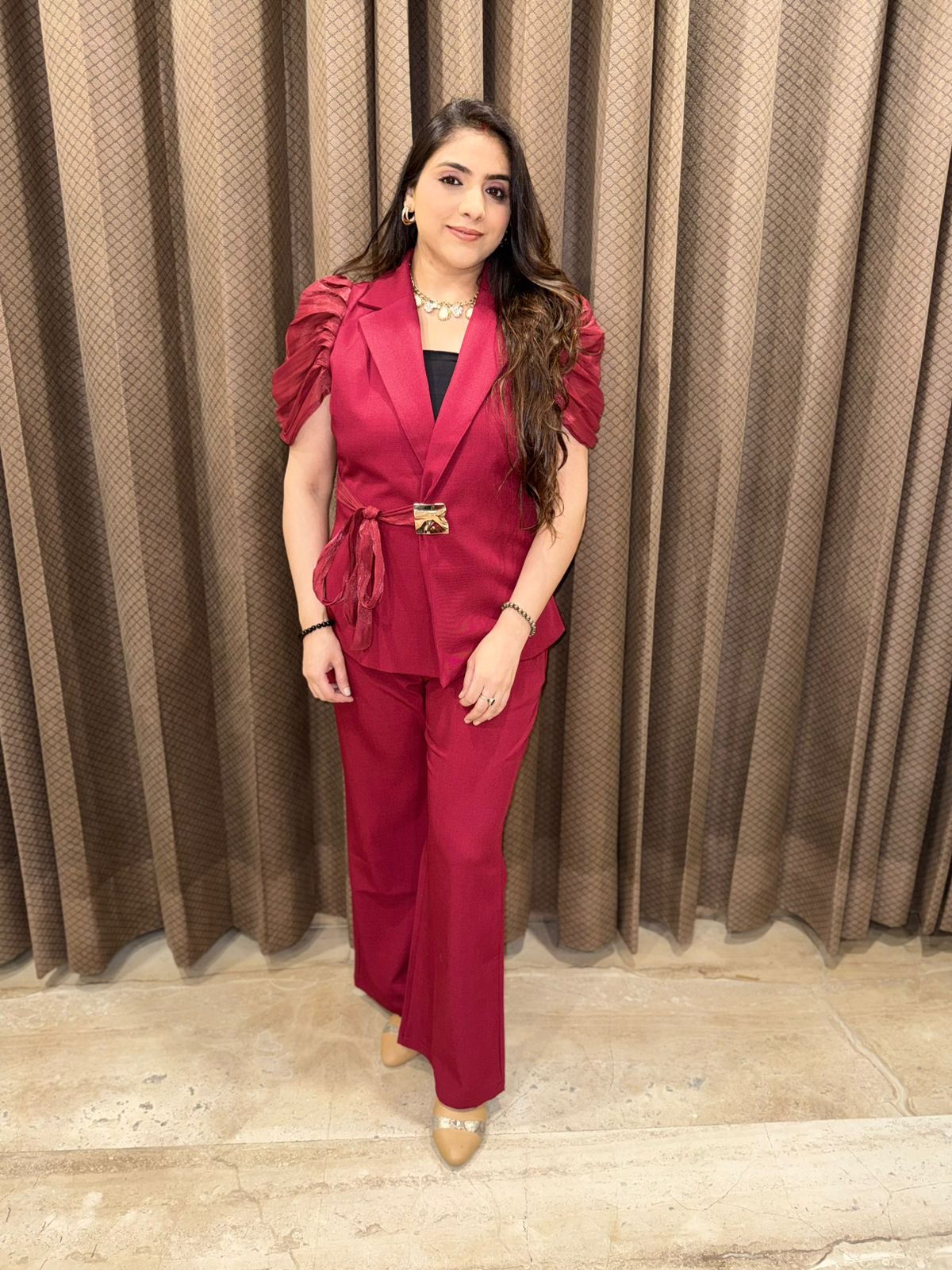 Maroon Stylish Co-ord set with designer sleeves