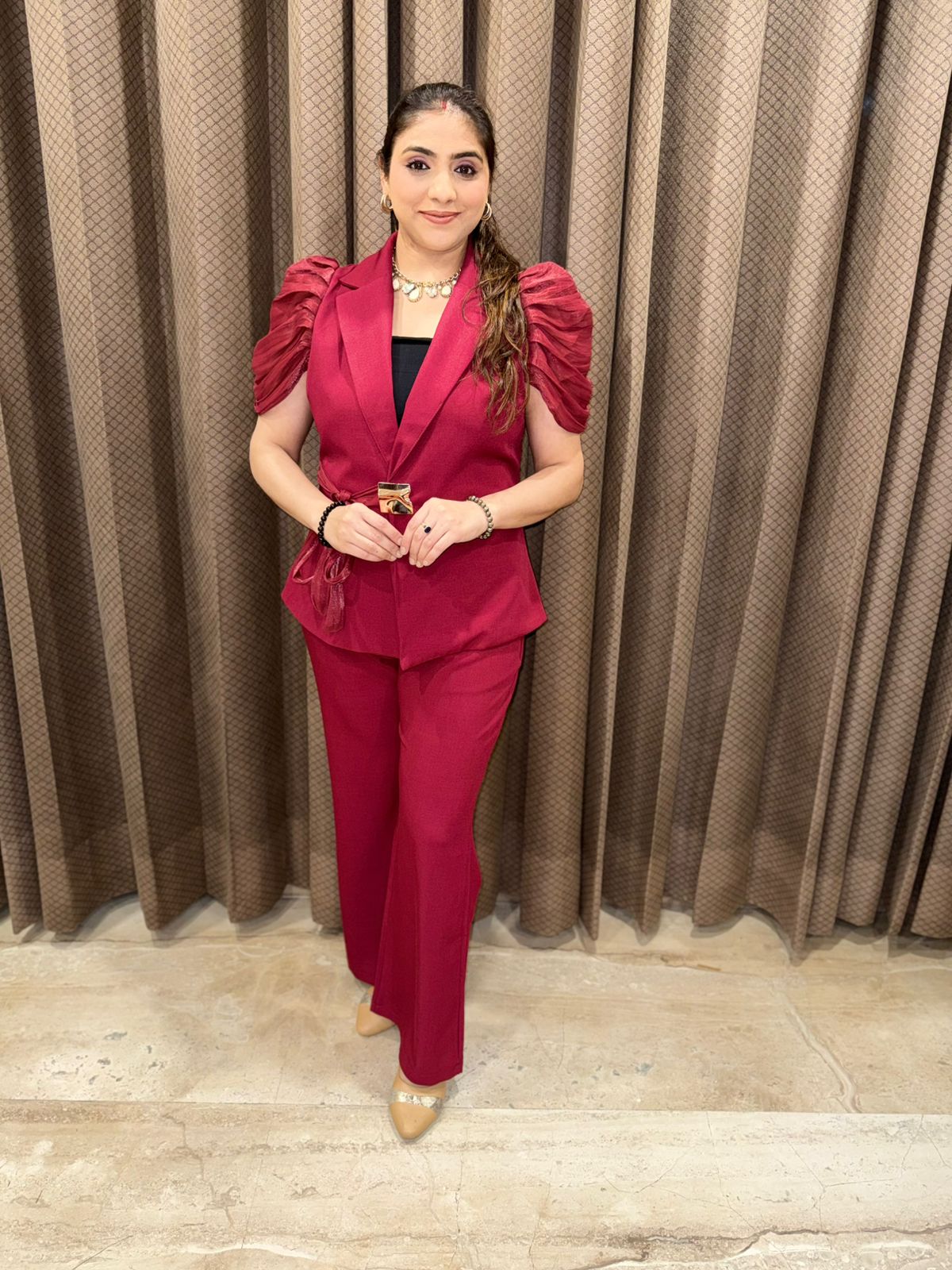 Maroon Stylish Co-ord set with designer sleeves