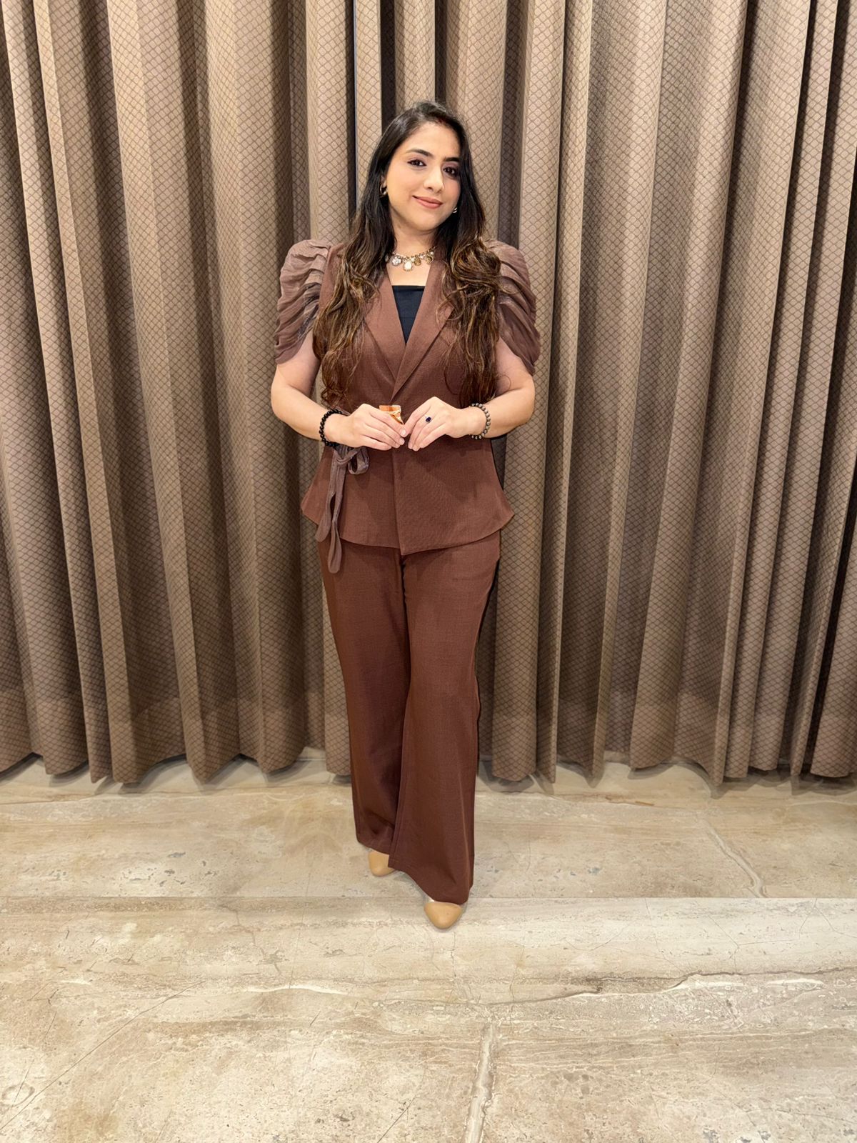 Chocolate brown Stylish Co-ord set with designer sleeves