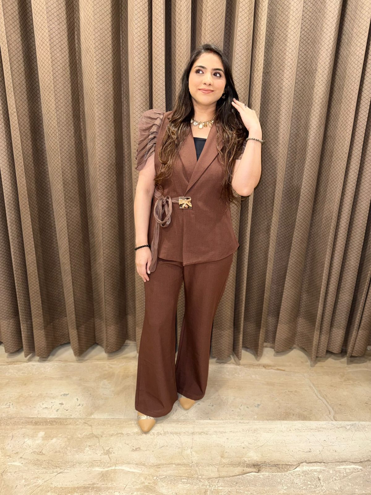 Chocolate brown Stylish Co-ord set with designer sleeves
