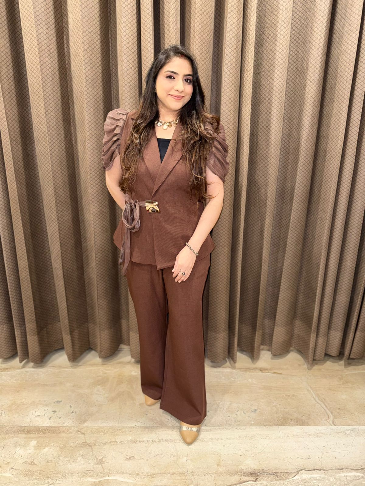 Chocolate brown Stylish Co-ord set with designer sleeves