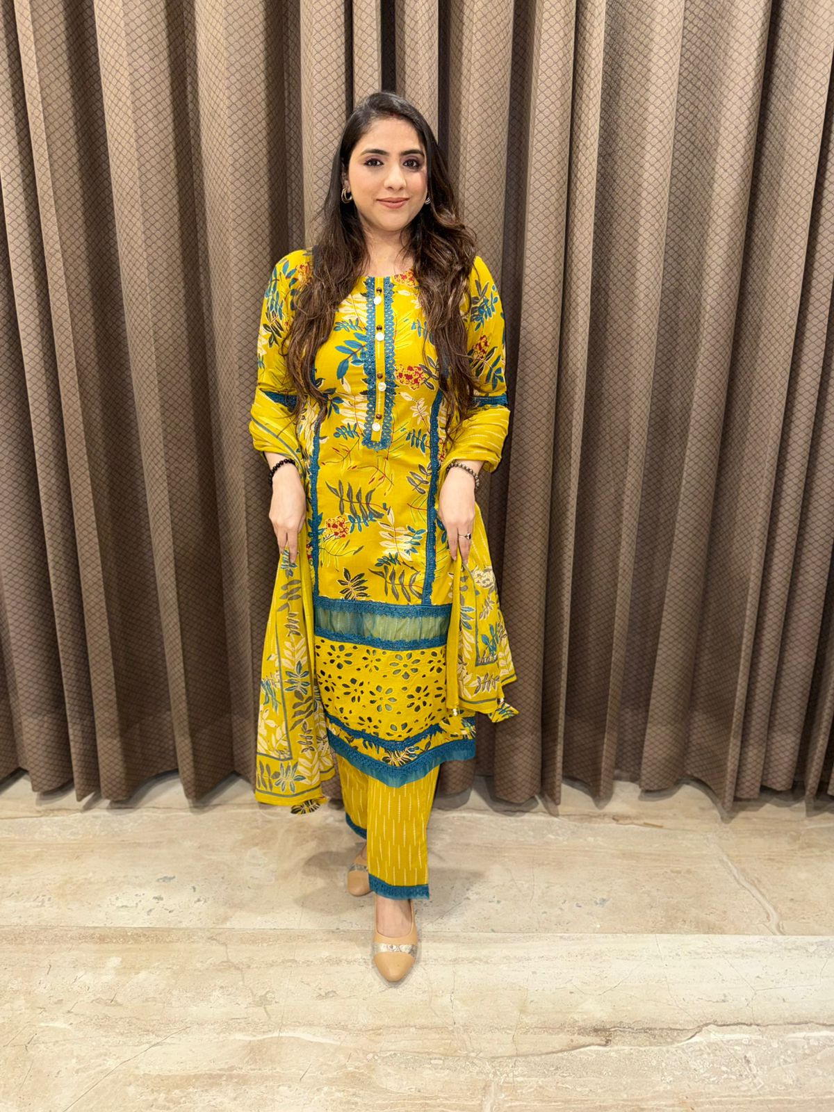 Yellow Smart Straight Cotton suit set with dupatta