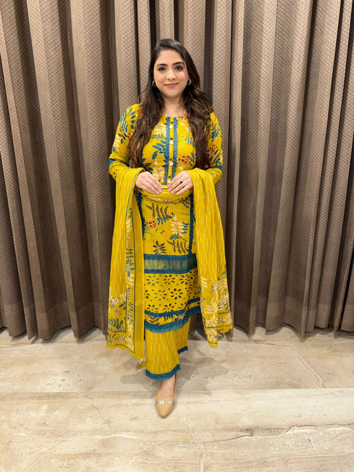 Yellow Smart Straight Cotton suit set with dupatta