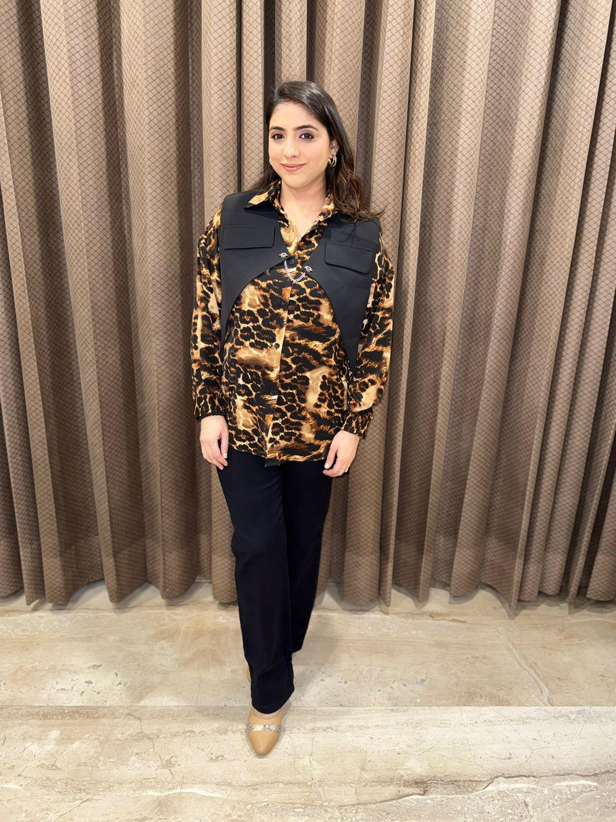 Dark borwn Leopard print button-down Shirt