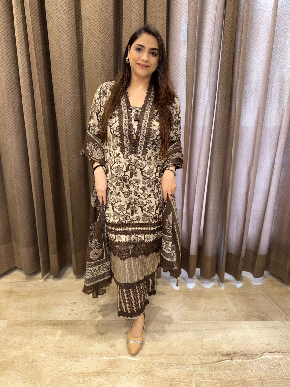 Designer brown Straight Cotton suit set with dupatta