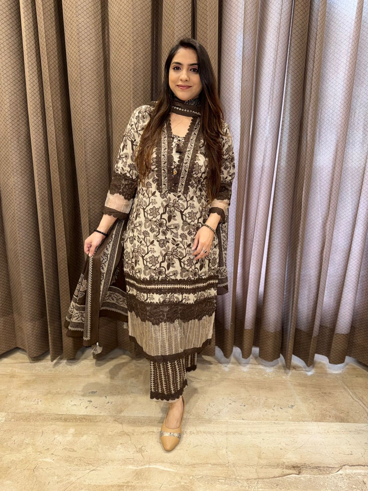 Designer brown Straight Cotton suit set with dupatta