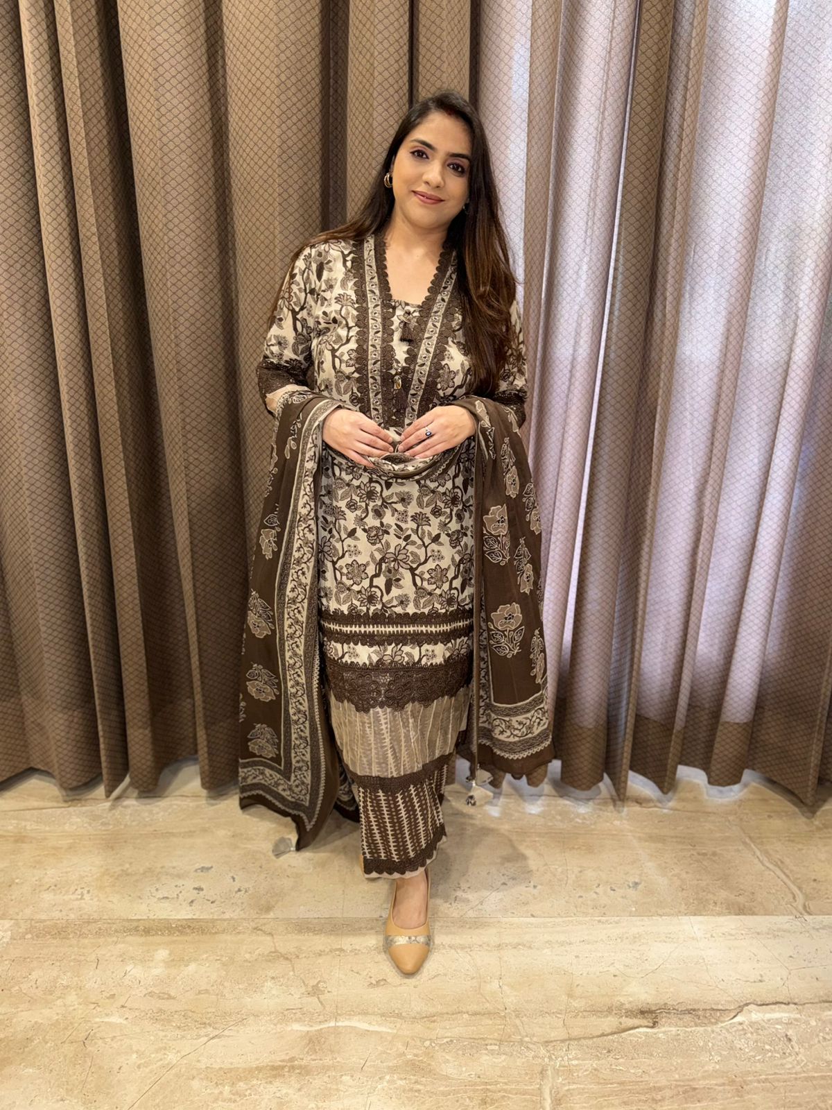 Designer brown Straight Cotton suit set with dupatta