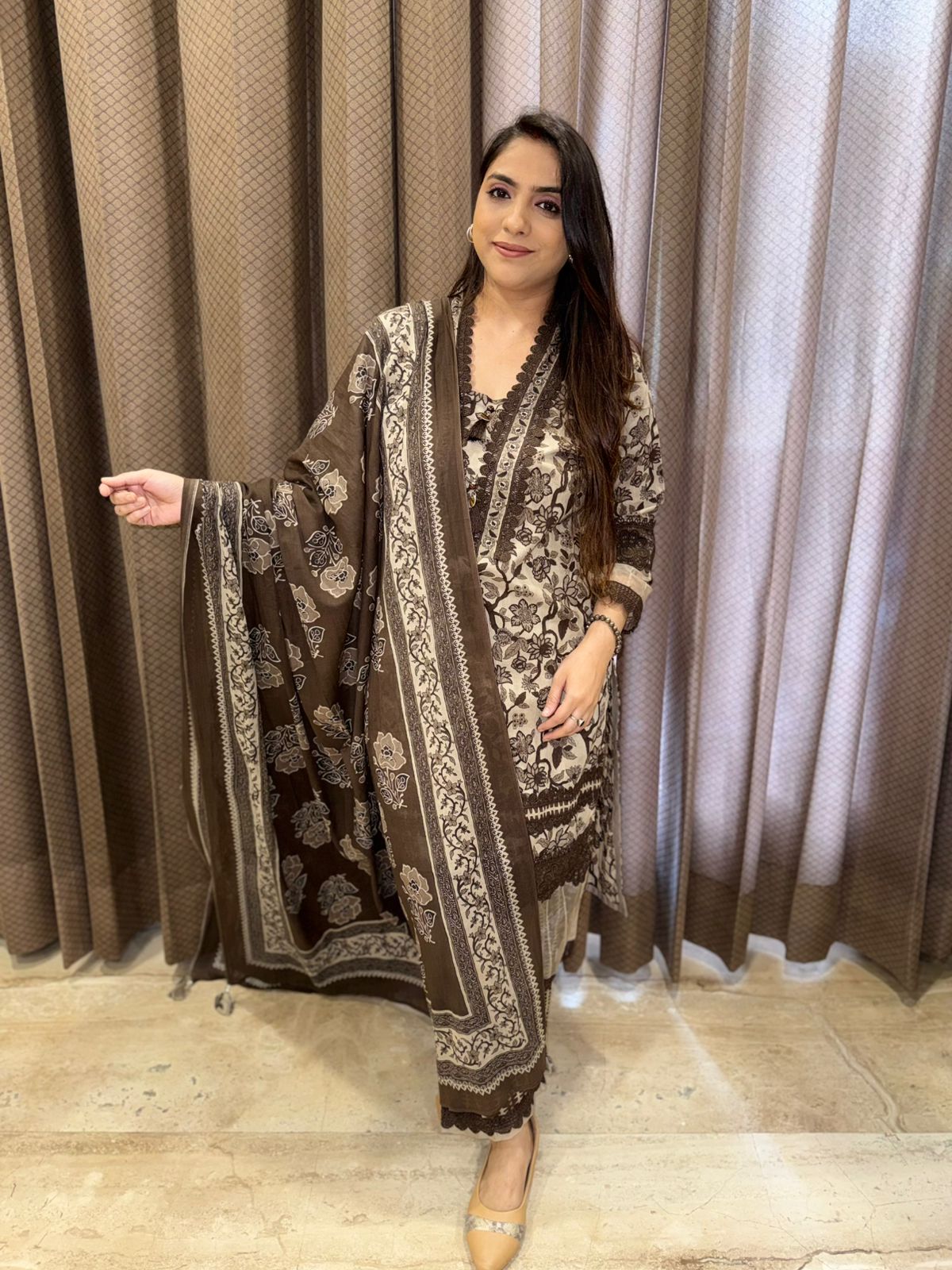 Designer brown Straight Cotton suit set with dupatta