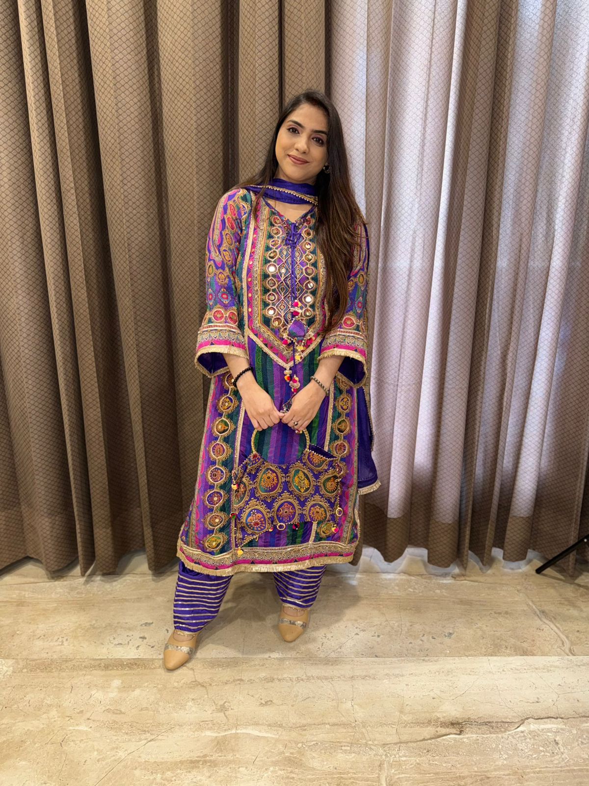 Designer Purple Party wear Suit Set with Multicolour Handwork & Tassels