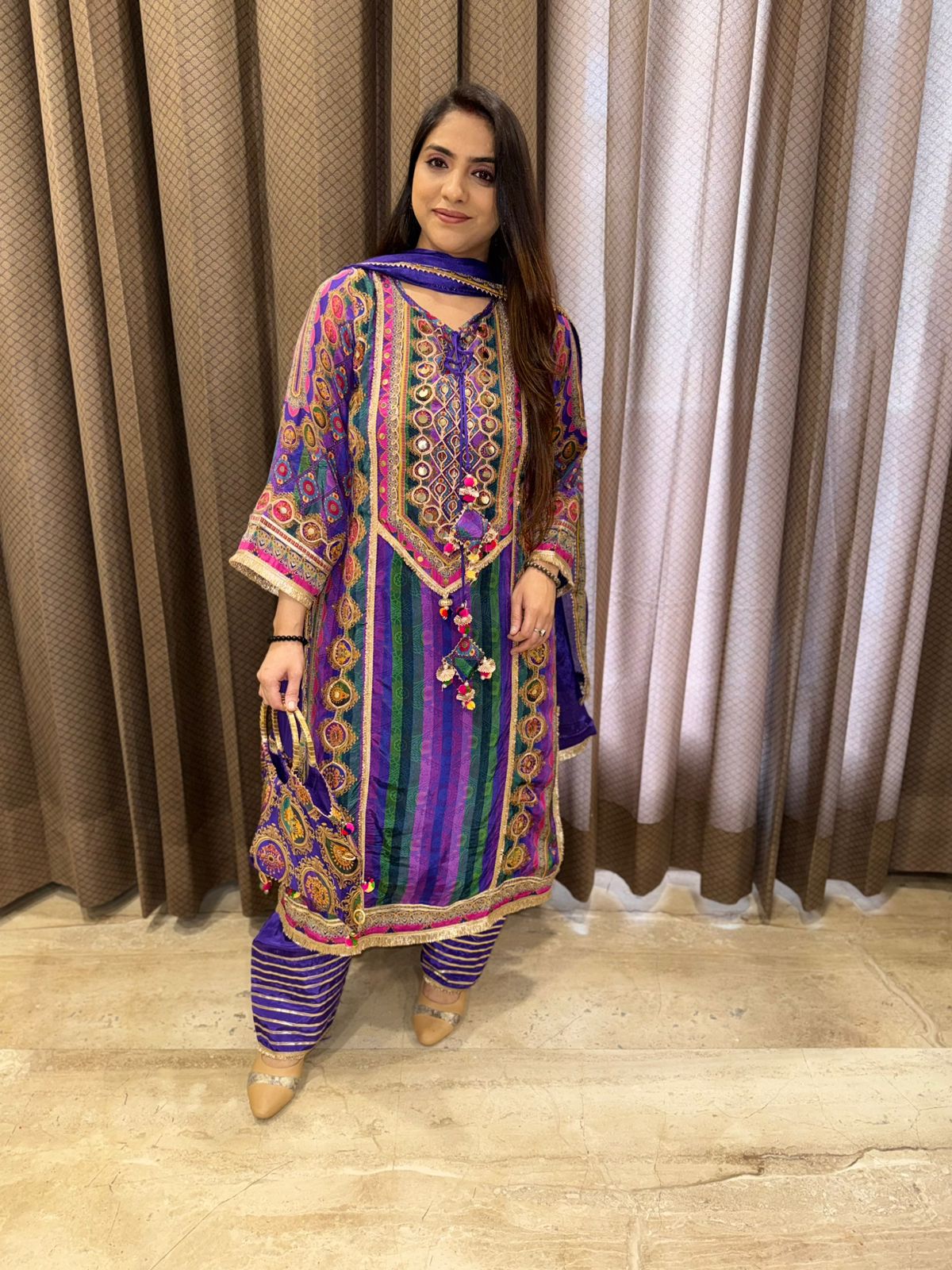 Designer Purple Party wear Suit Set with Multicolour Handwork & Tassels