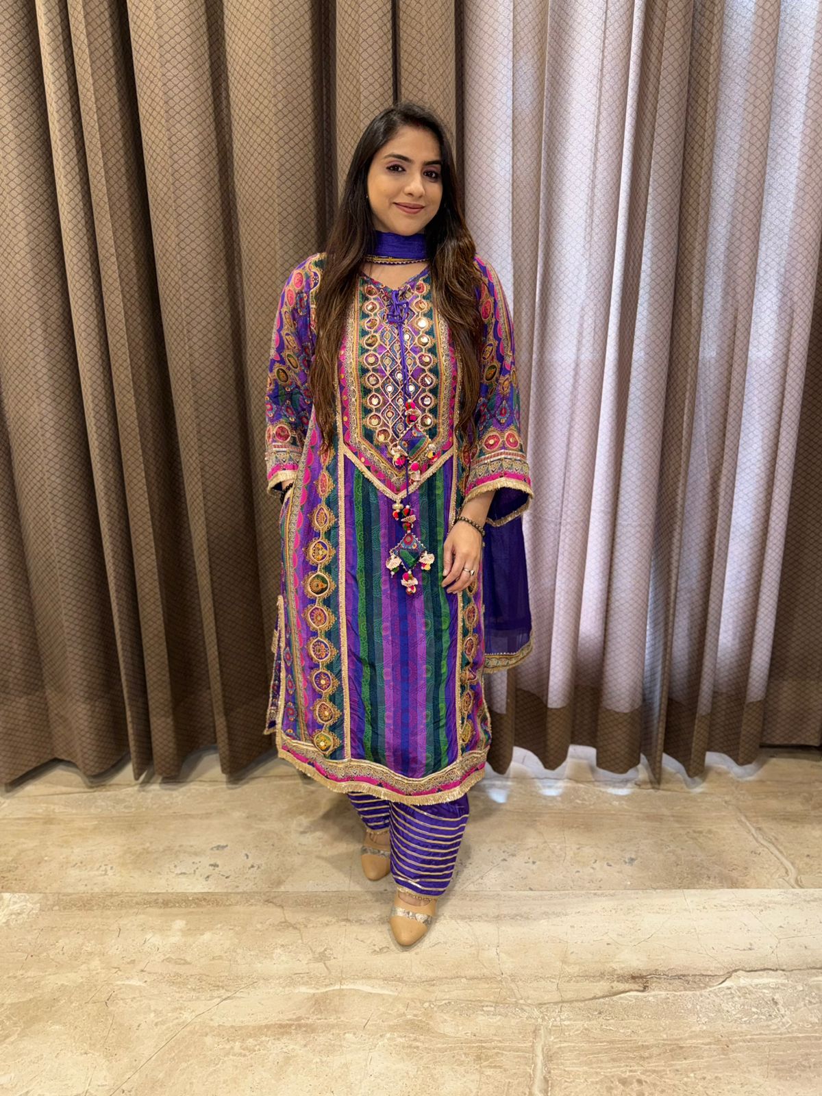 Designer Purple Party wear Suit Set with Multicolour Handwork & Tassels