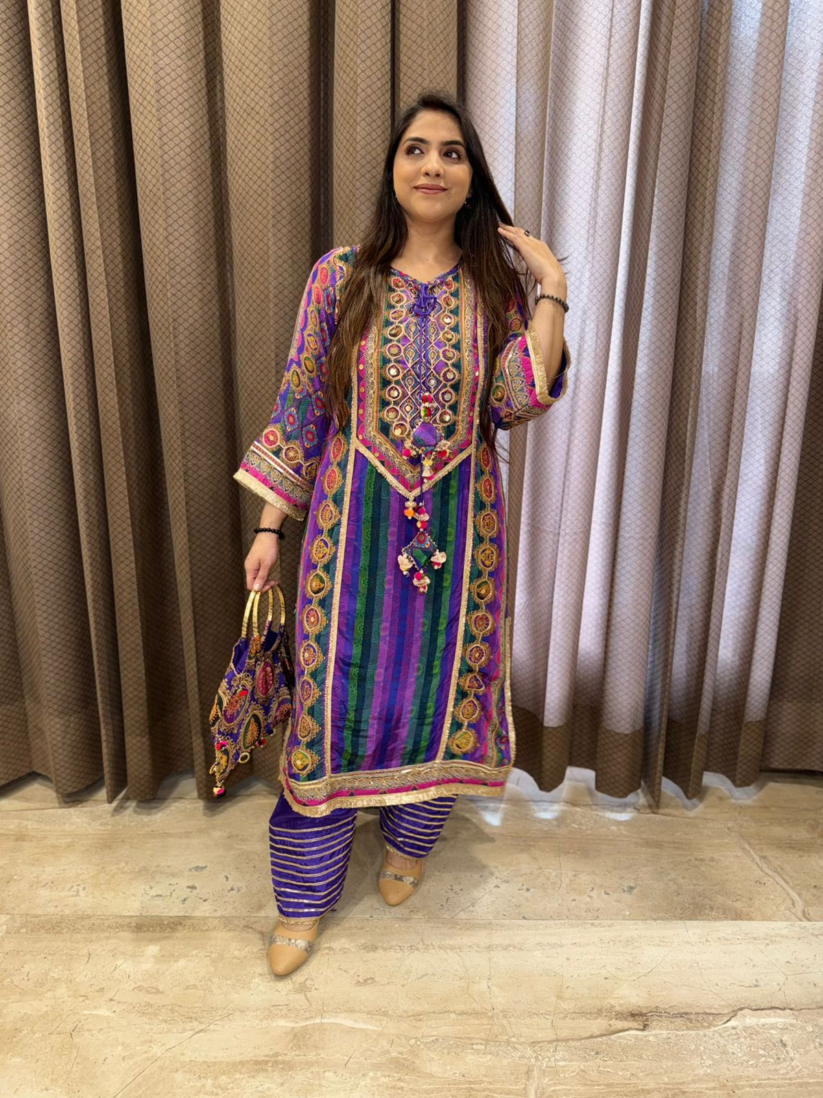 Designer Purple Party wear Suit Set with Multicolour Handwork & Tassels