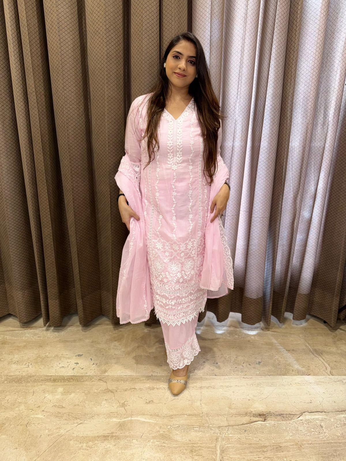 Pink Lucknowi Chikankari straight Suit with Dupatta