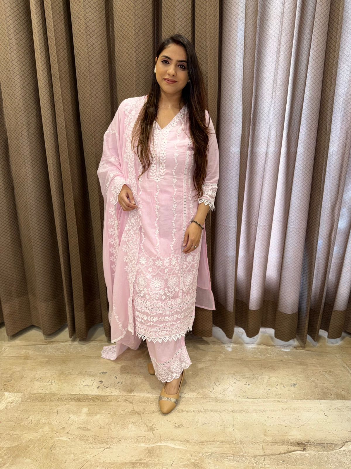 Pink Lucknowi Chikankari straight Suit with Dupatta