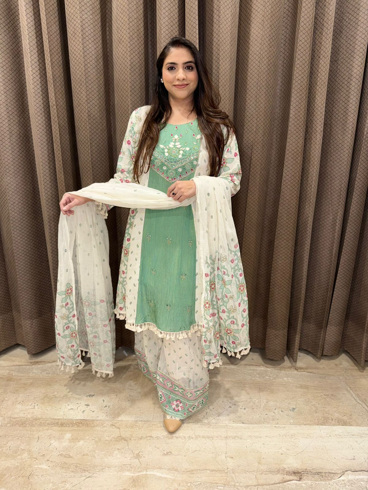 Green A-line handwork kurta set with  Dupatta & sharara
