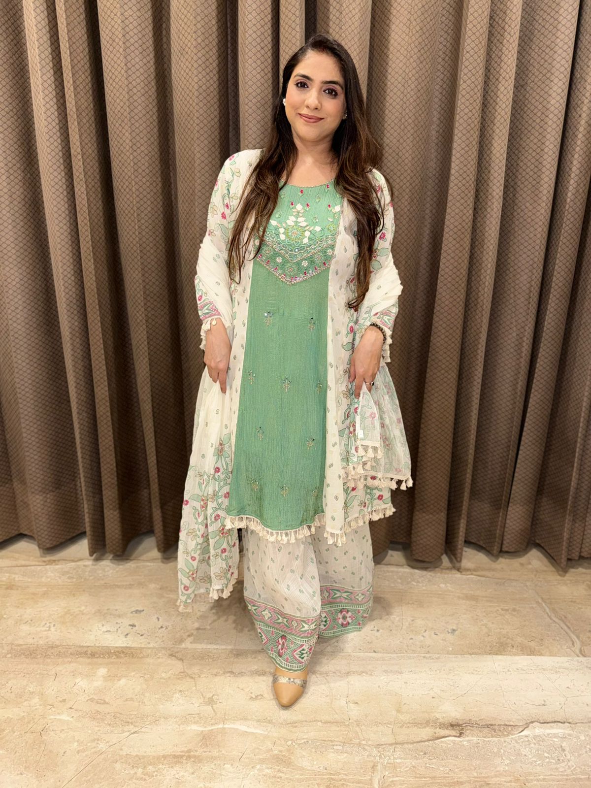 Green A-line handwork kurta set with  Dupatta & sharara