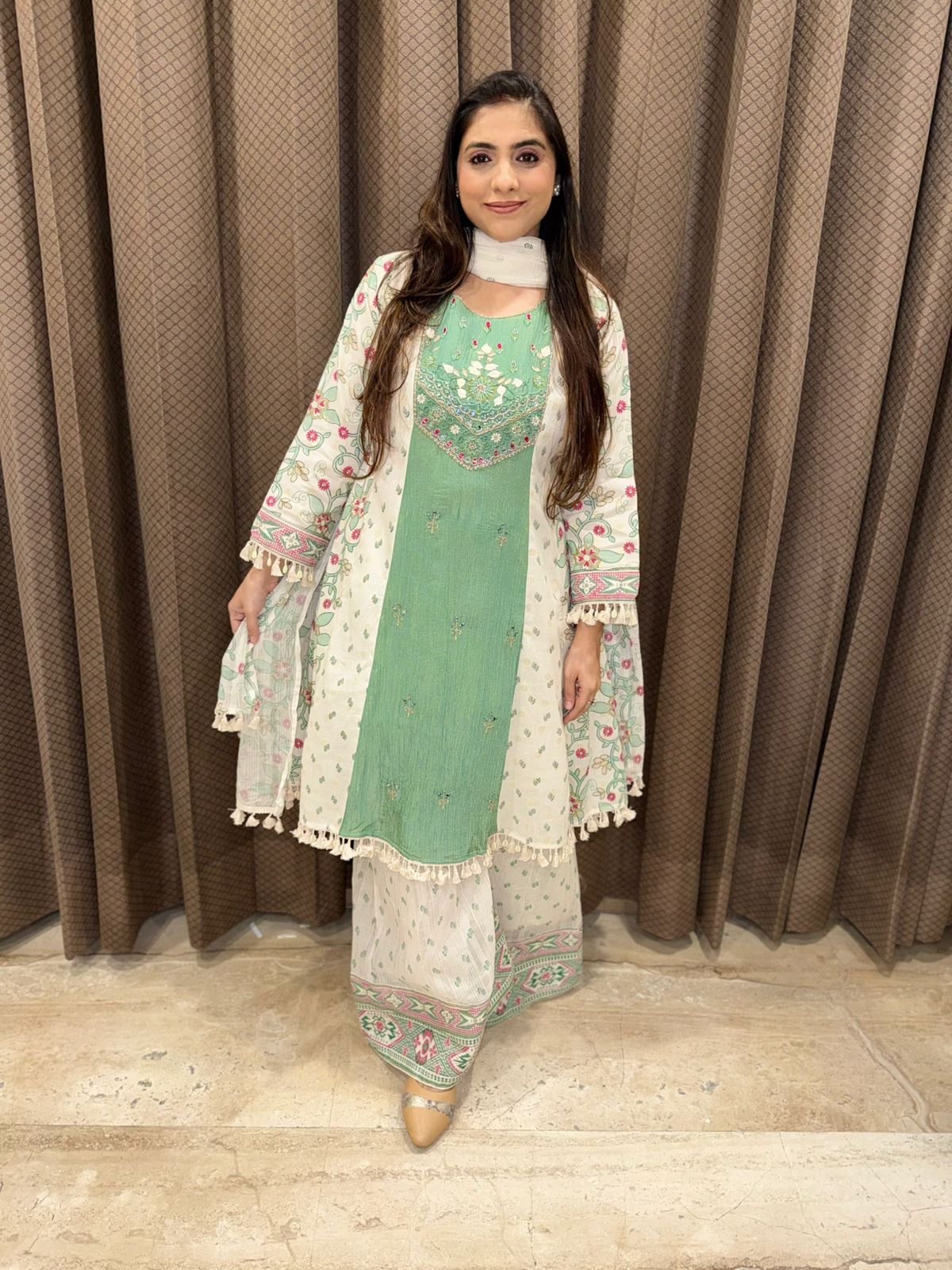 Green A-line handwork kurta set with  Dupatta & sharara