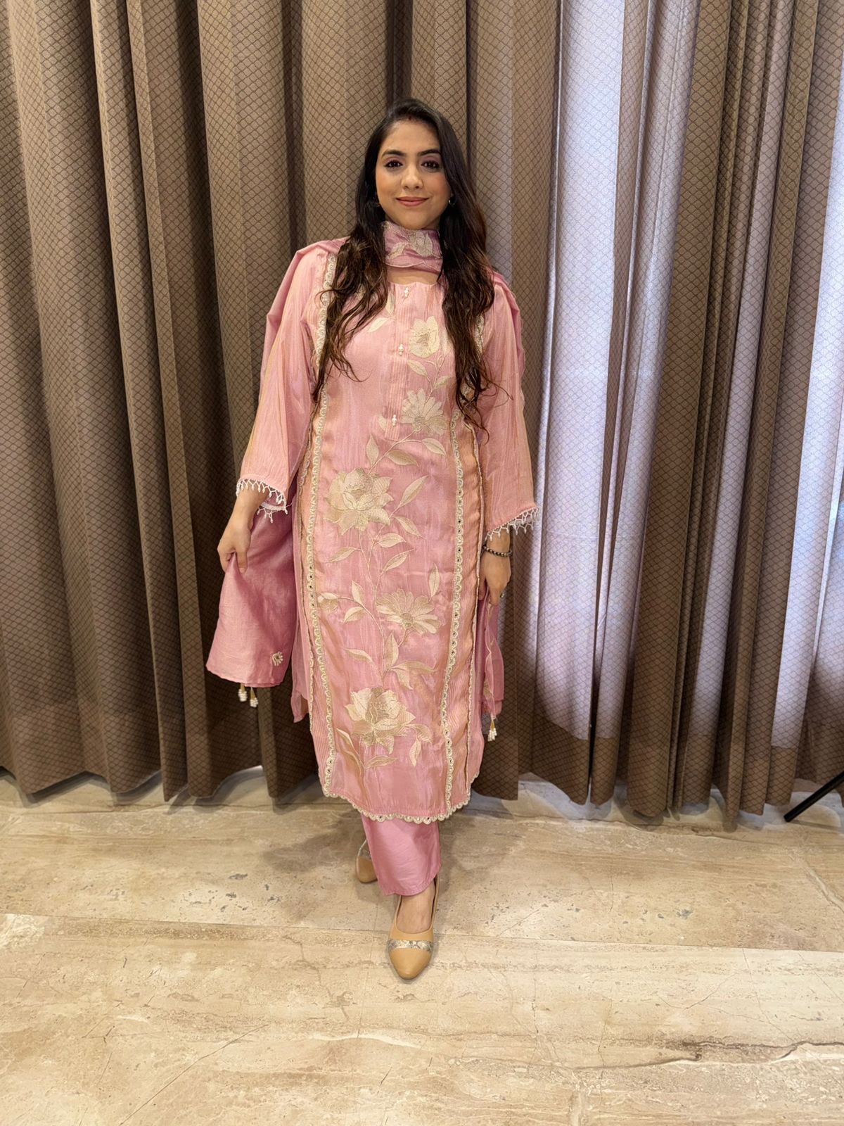 Designer blush pink Straight suit set with handwork and dupatta