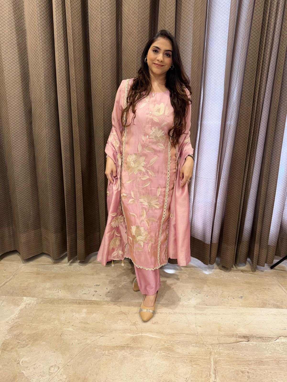 Designer blush pink Straight suit set with handwork and dupatta