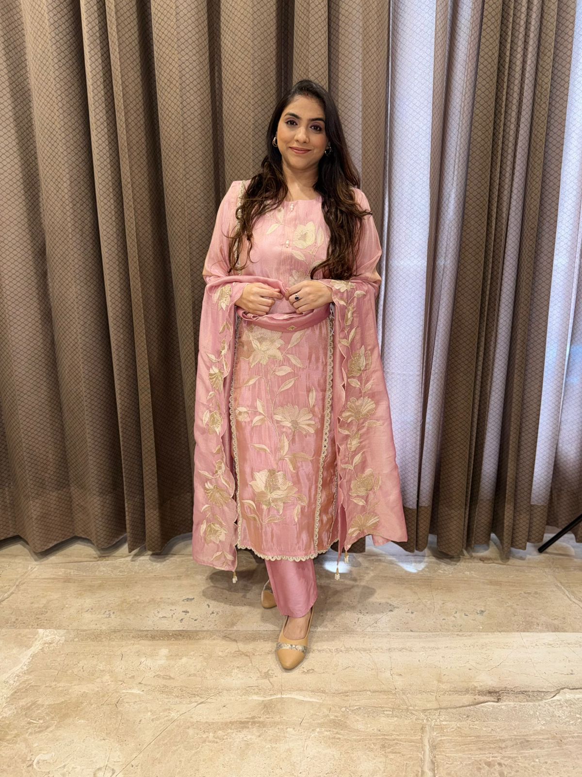 Designer blush pink Straight suit set with handwork and dupatta
