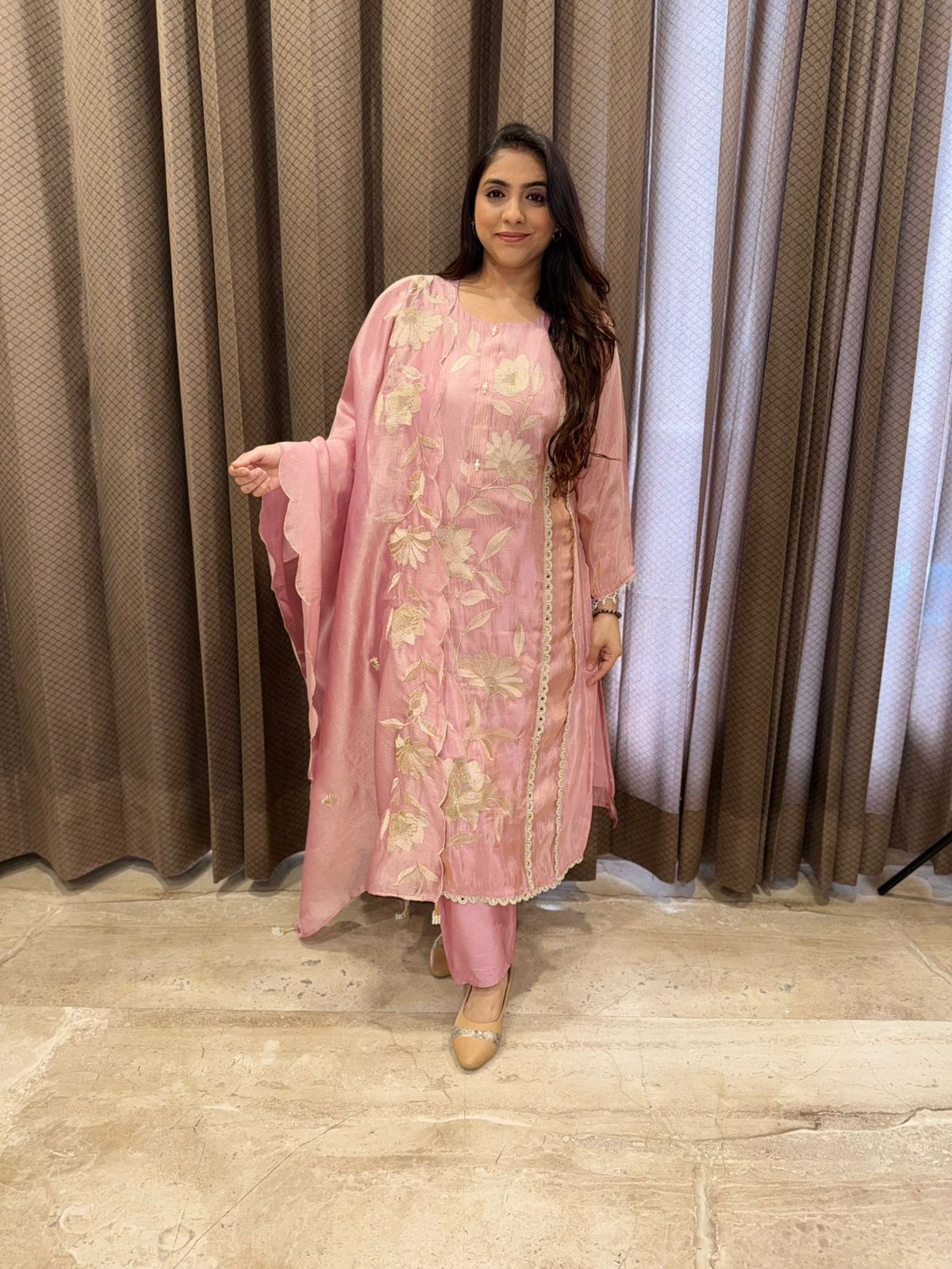 Designer blush pink Straight suit set with handwork and dupatta