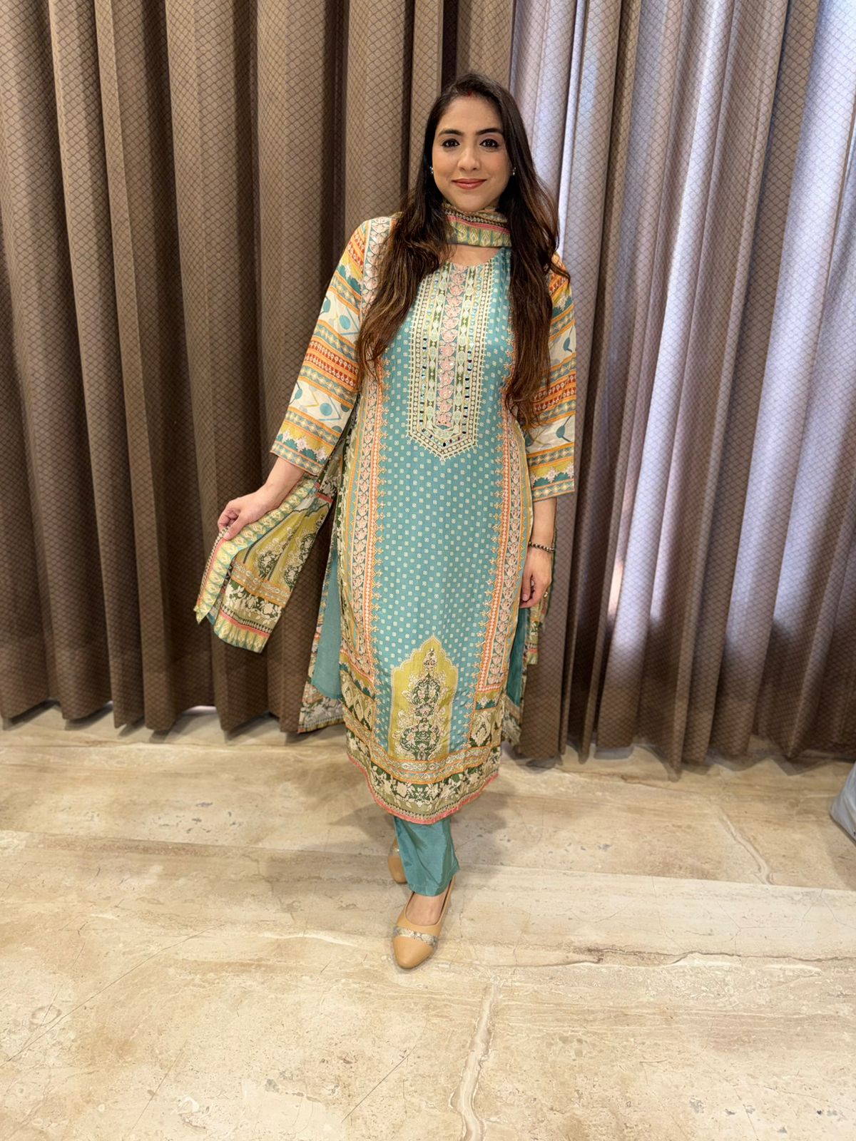 Soft blue designer straight suit set with dupatta & handwork detailing