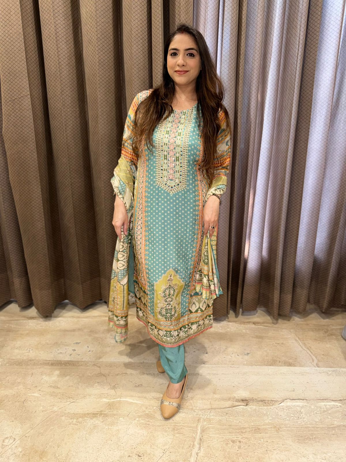 Soft blue designer straight suit set with dupatta & handwork detailing