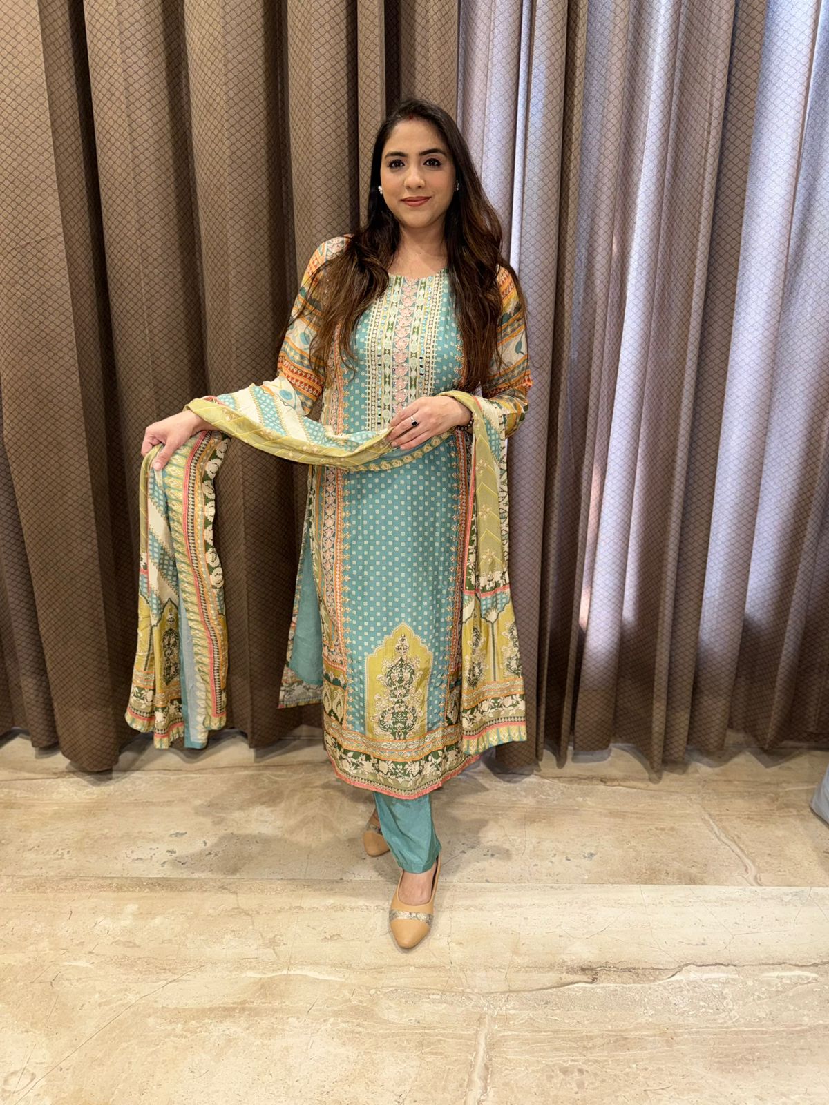 Soft blue designer straight suit set with dupatta & handwork detailing