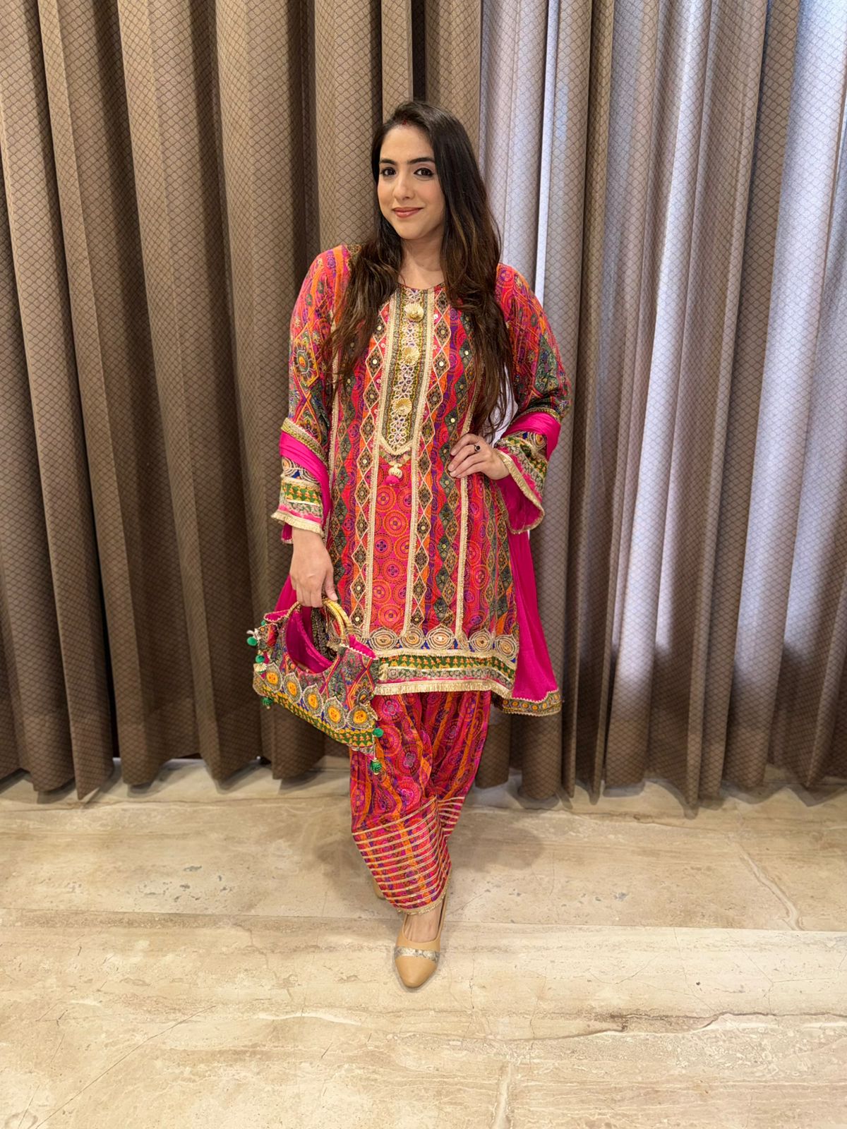 Pink C-Cut Party wear Suit Set with Multicolour Handwork & bag