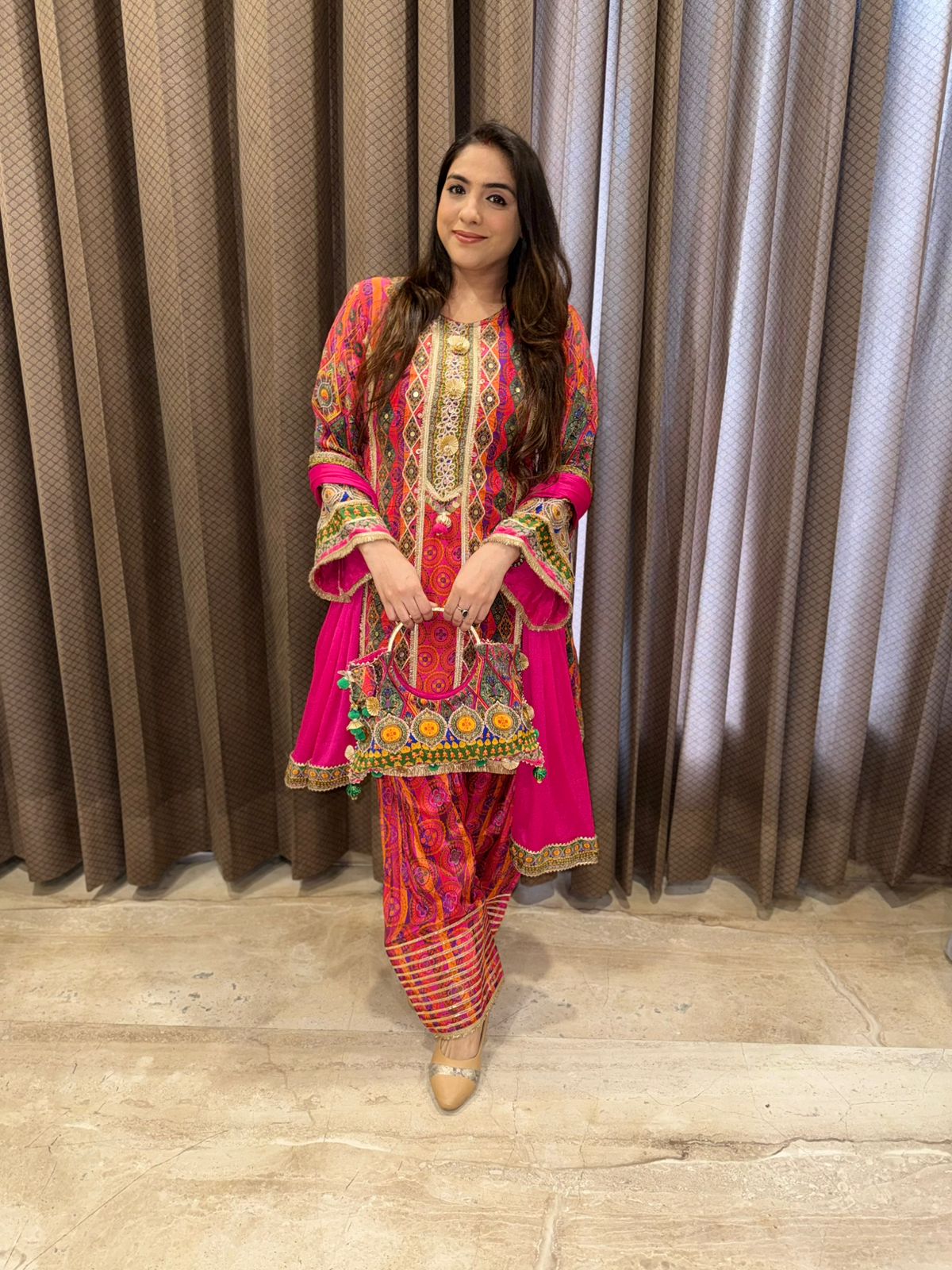 Pink C-Cut Party wear Suit Set with Multicolour Handwork & bag