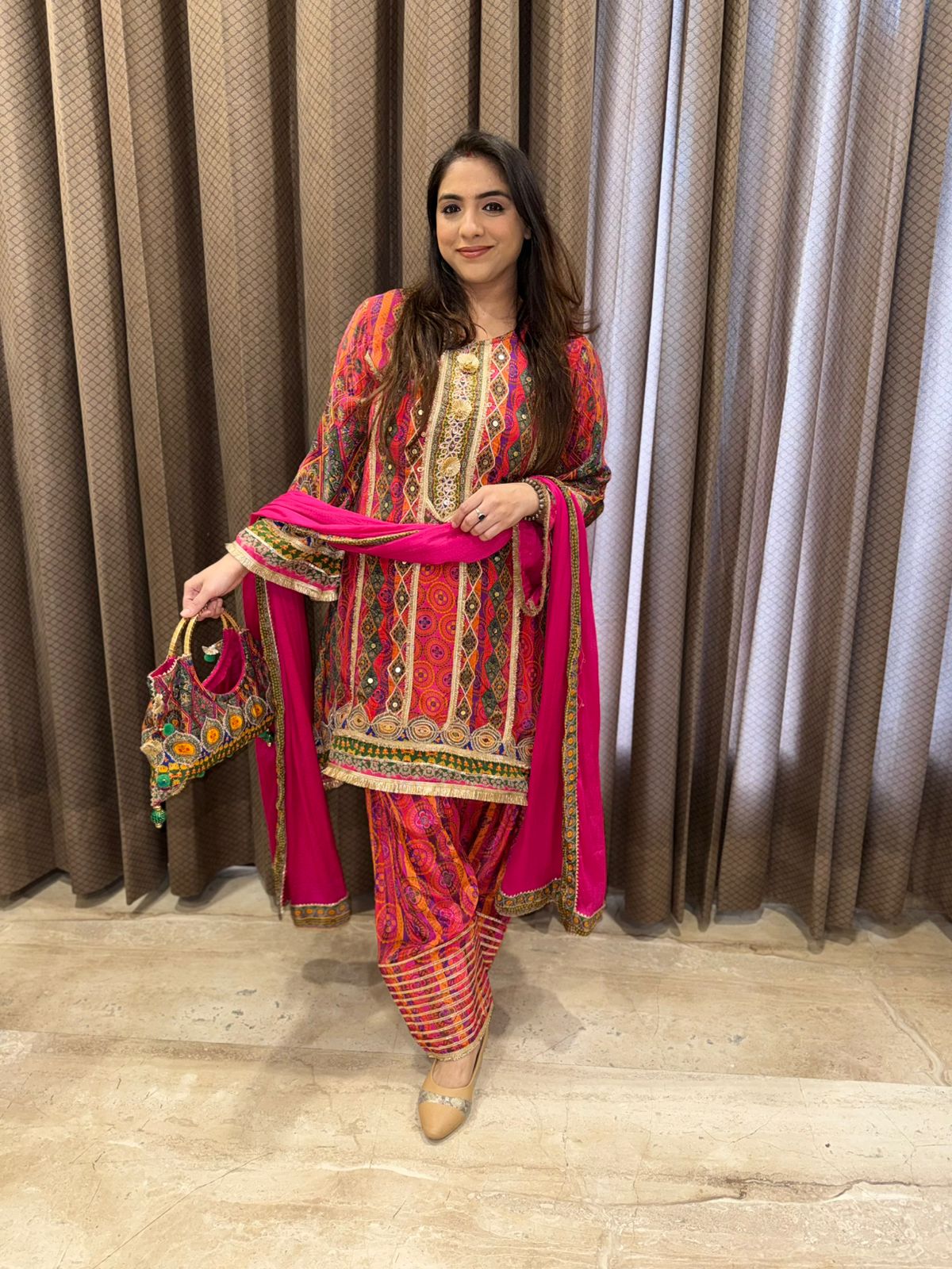 Pink C-Cut Party wear Suit Set with Multicolour Handwork & bag