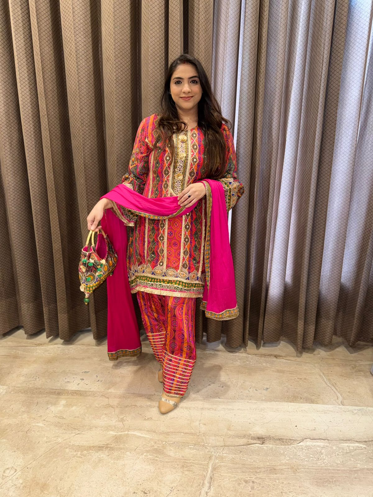 Pink C-Cut Party wear Suit Set with Multicolour Handwork & bag
