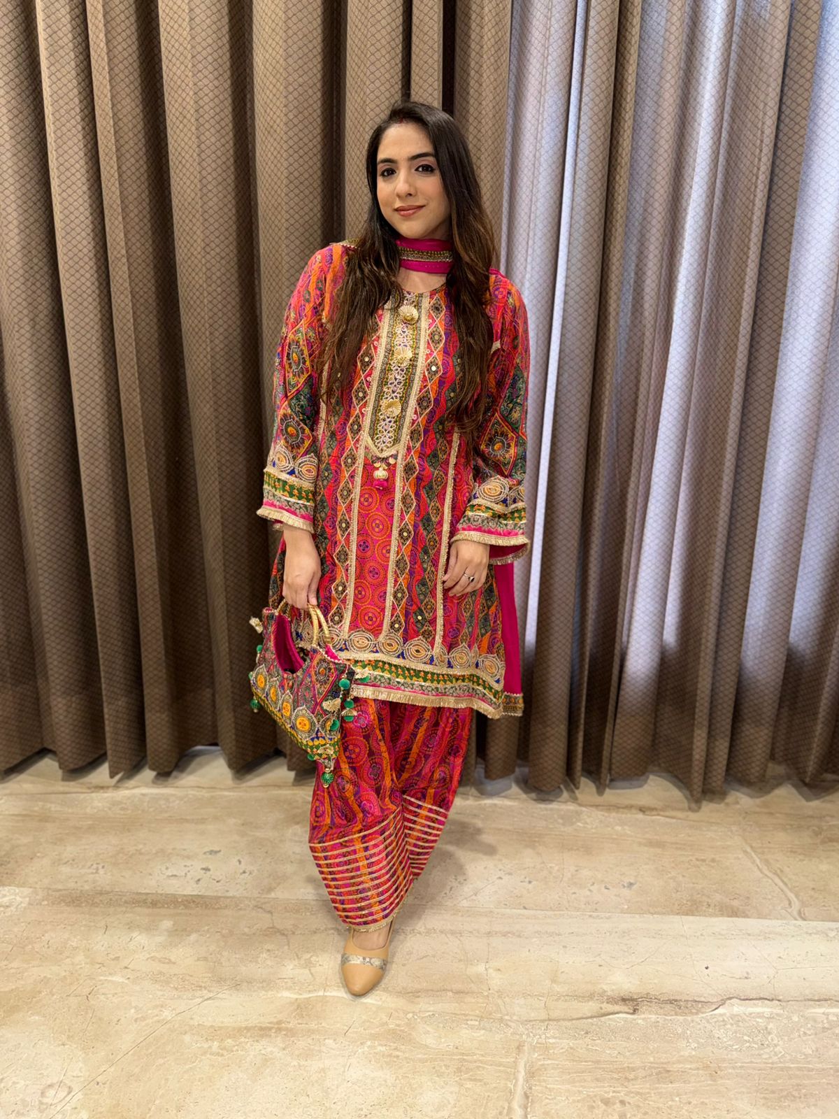Pink C-Cut Party wear Suit Set with Multicolour Handwork & bag