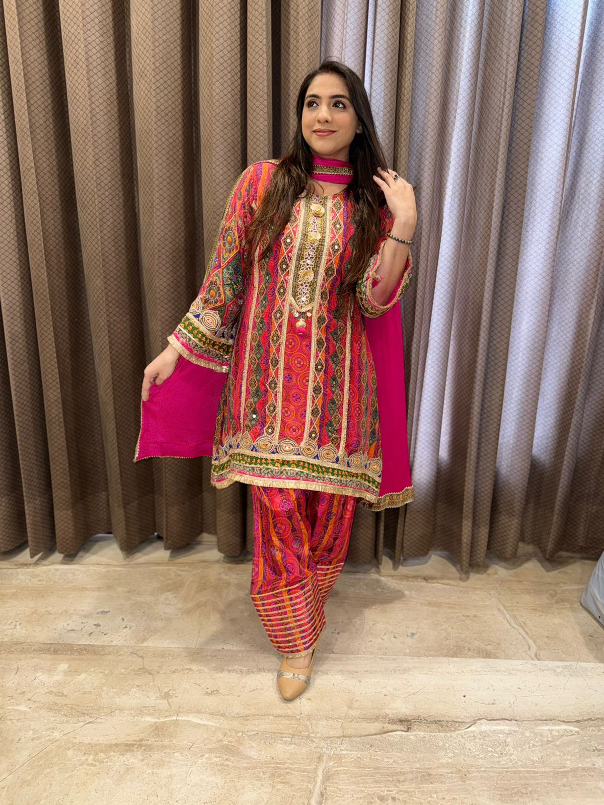 Pink C-Cut Party wear Suit Set with Multicolour Handwork & bag