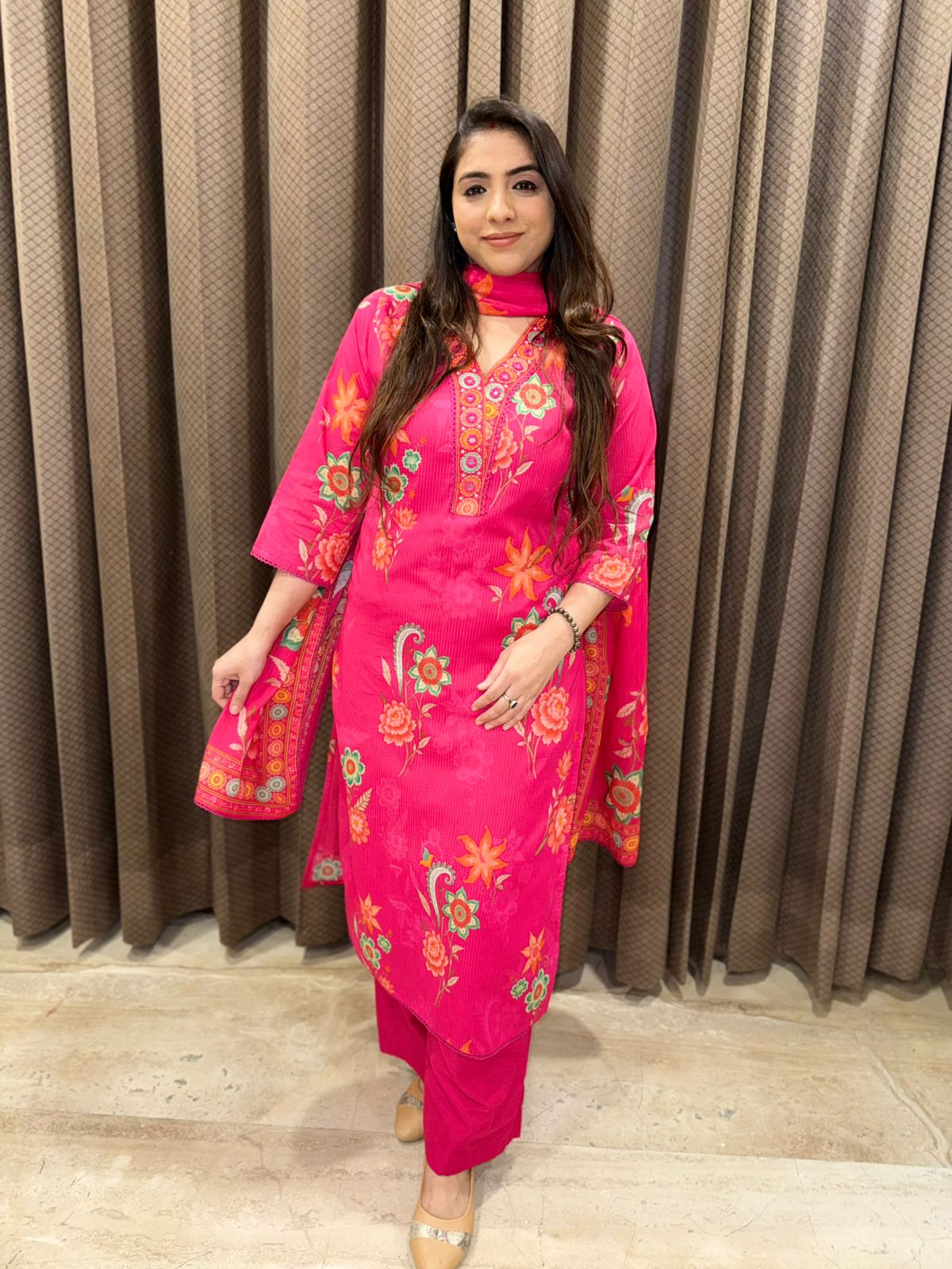 Pink designer straight suit set with dupatta