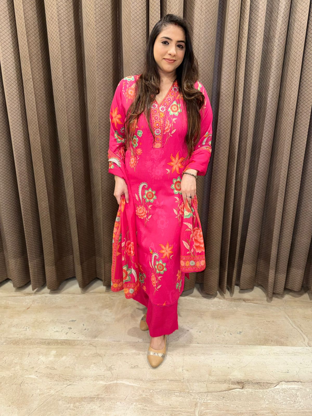 Pink designer straight suit set with dupatta