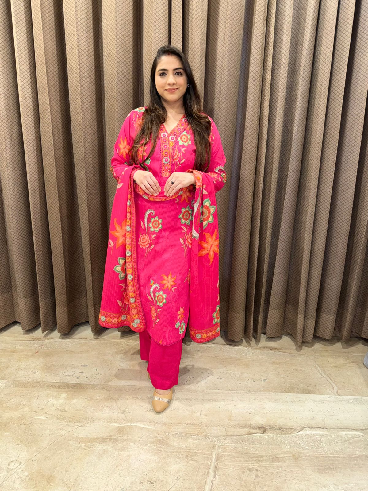 Pink designer straight suit set with dupatta