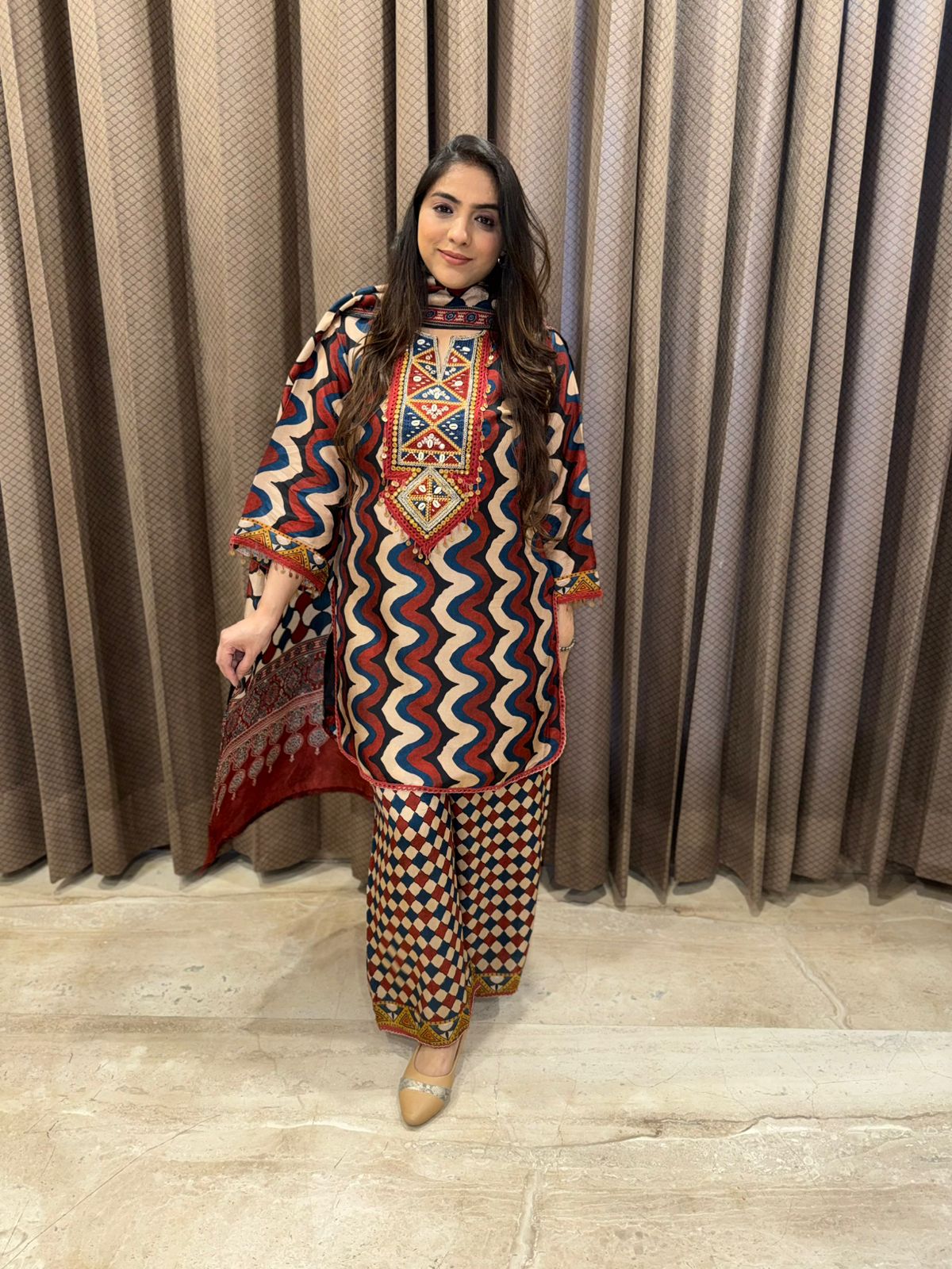 Gorgeous printed Suit set with sequence & tassel detailing & dupatta