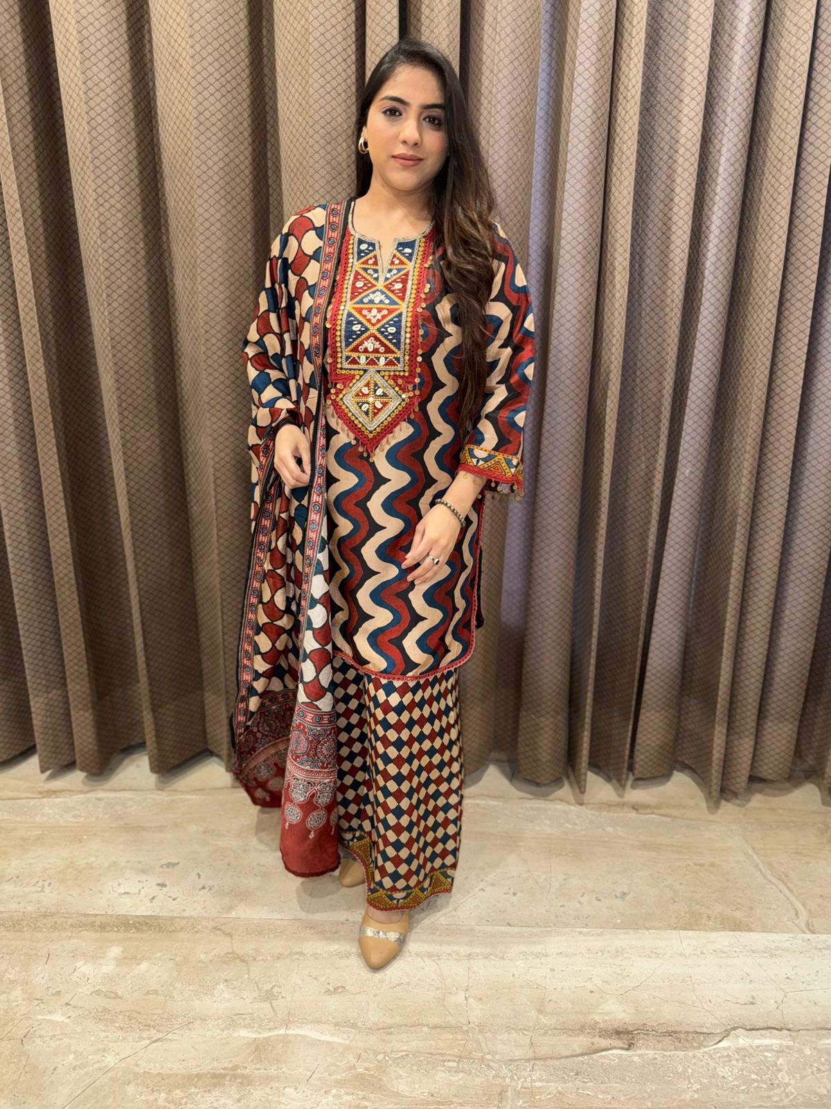 Gorgeous printed Suit set with sequence & tassel detailing & dupatta