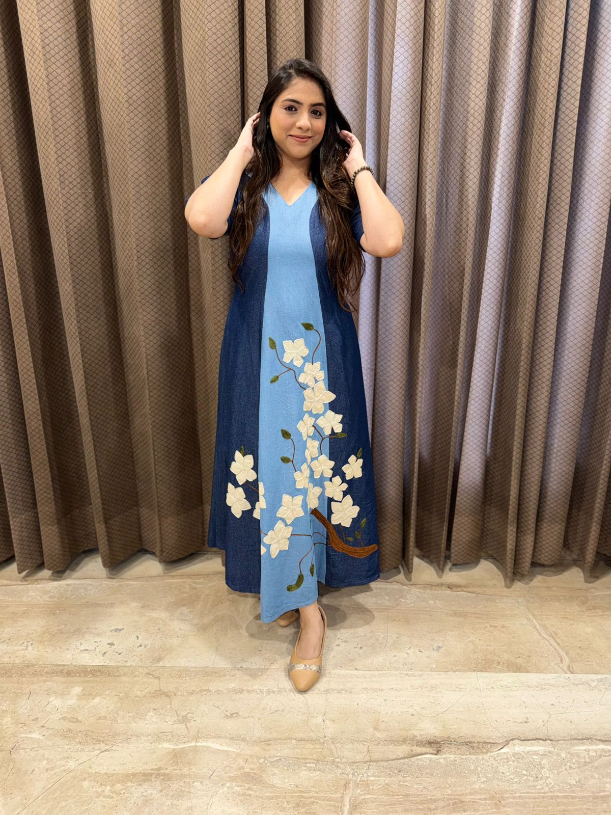 Exclusive Half & Half Dress with thread Embroidery & applique flowesr work