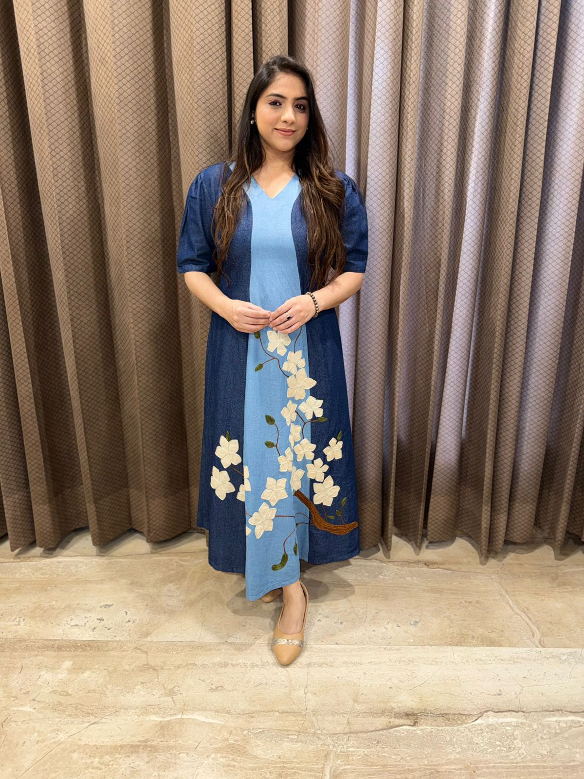 Exclusive Half & Half Dress with thread Embroidery & applique flowesr work