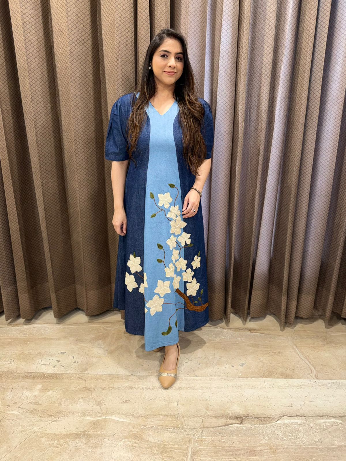 Exclusive Half & Half Dress with thread Embroidery & applique flowesr work