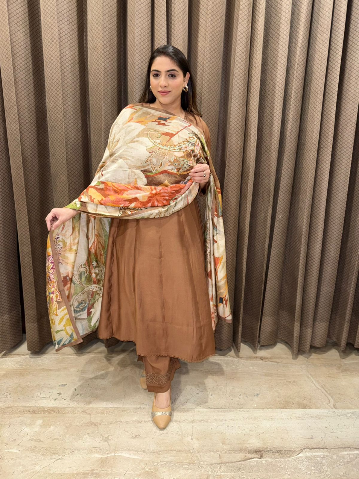 Elegant Brown Anarkali  Plazoo set with dupatta