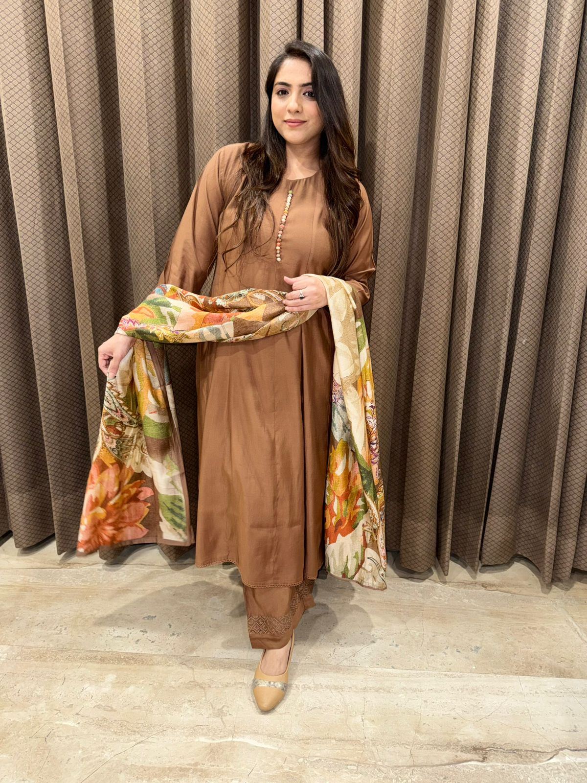 Elegant Brown Anarkali  Plazoo set with dupatta