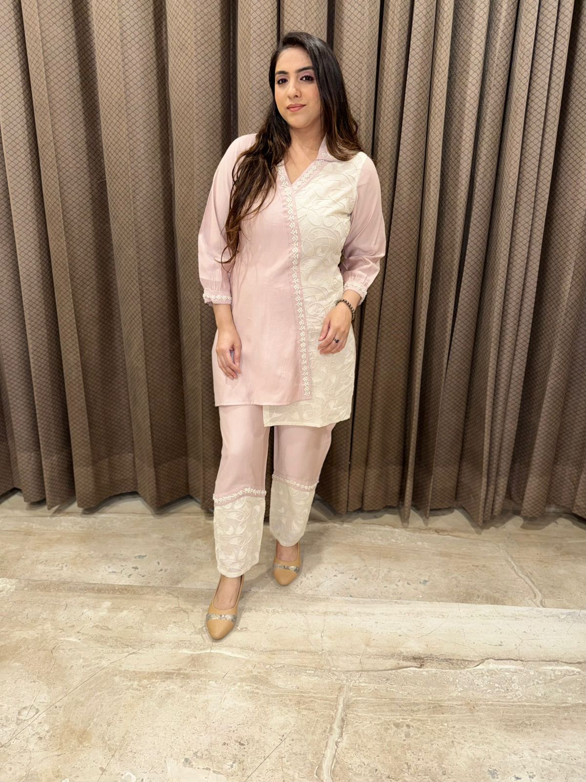 Designer Half & Half Co-ord set with pearl handwork